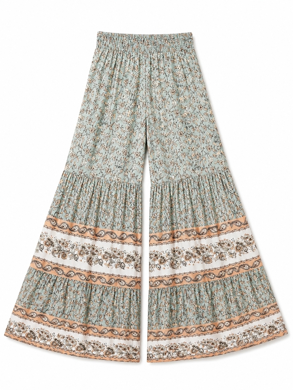 Boho Wide-Leg Floral Pants in Sage Tan Peach Yak & Yeti